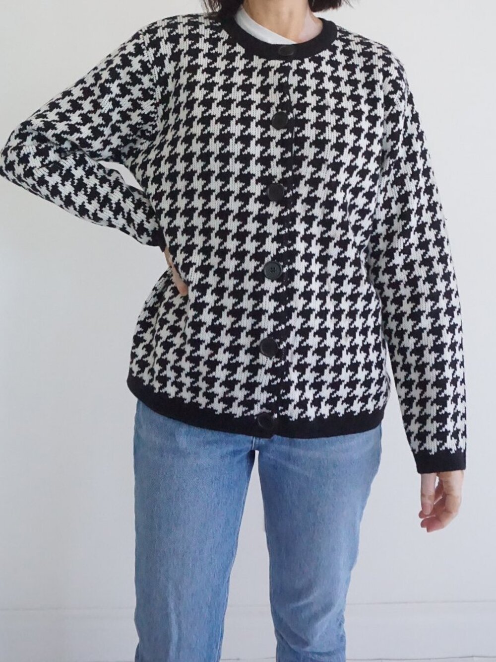 Vintage Classic Elements Black White Houndstooth Preppy Button Cardigan M